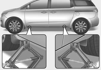 Kia Carnival: Changing tires. 7.Place the jack at the front (1) or rear (2) jacking position closest to the