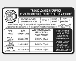 Kia Carnival: Tire and loading information label. The label located on the driver's door sill gives the original tire size, cold