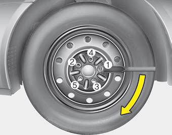 Kia Carnival: Changing tires. Then position the wrench as shown in the drawing and tighten the wheel nuts.