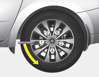 Kia Carnival: Changing tires. 6.Loosen the wheel lug nuts counterclockwise one turn each, but do not remove