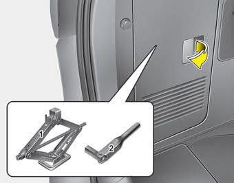 Kia Carnival: Jack and tools. The jack and wheel lug nut wrench are stored in the luggage compartment.