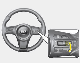 Kia Carnival: Speed setting (SCC). 3.Lever must be moved down (to SET-) prior to setting any desired speed. The